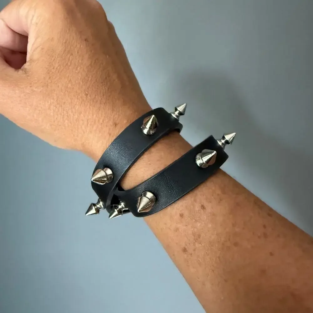Set of 2 Black Leather Studded Spike Bracelets Punk Goth Rock Cuff Wrap